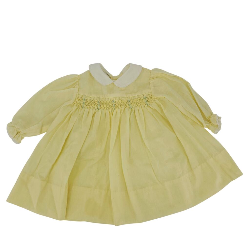 Vintage Polly Flinders Yellow Hand Smocked Dress Lace Trim 18 mo cottage 4020